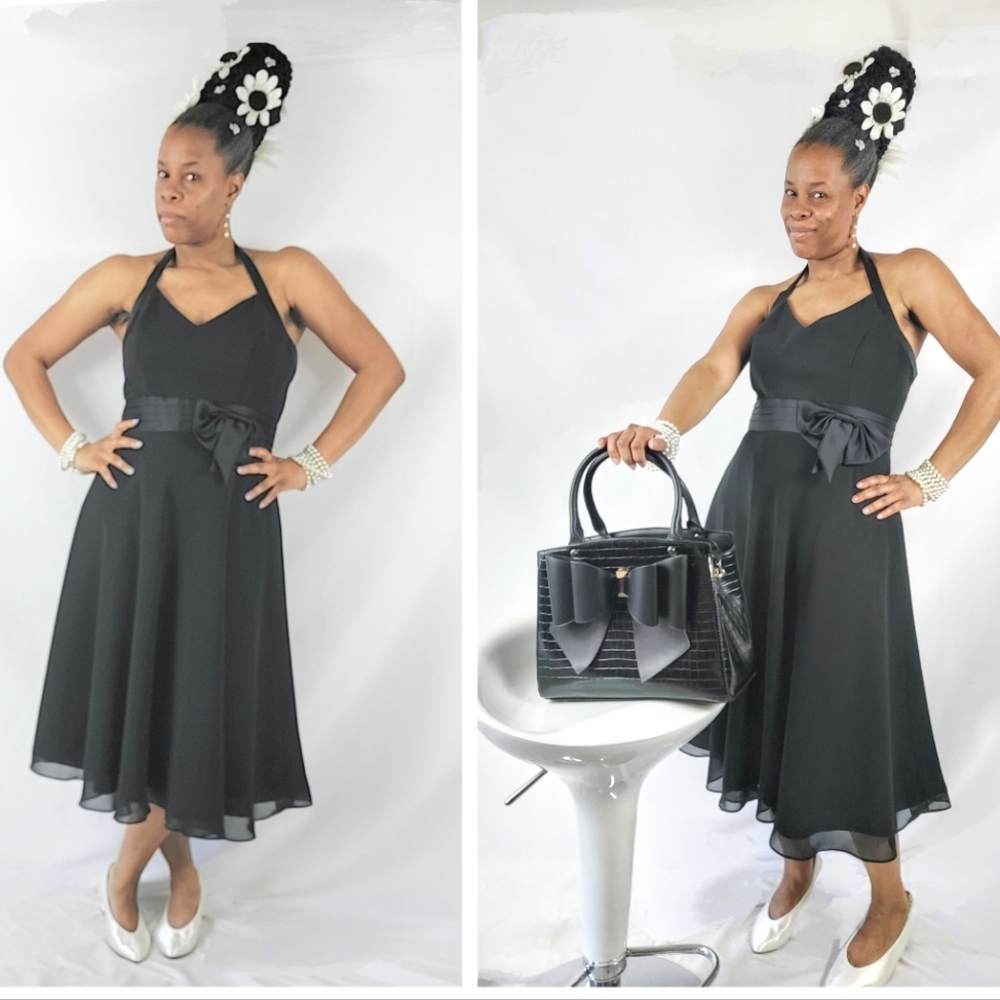 Alfred Angelo Black Bow Halter Flowy Midi Dress